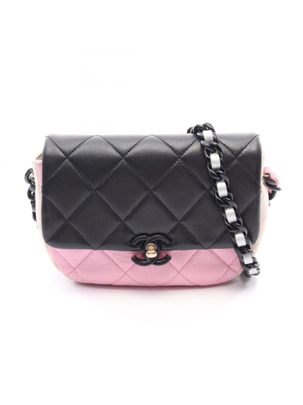 Chanel Shoulder Bag Mini Quilted Black Pink Beige Lambskin Platinum